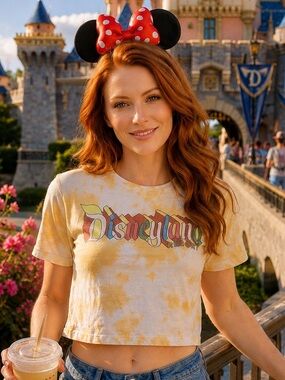 Disneyland Resort Crop Top Yellow Tie Dye retro rainbow Graphic Shirt Disney S